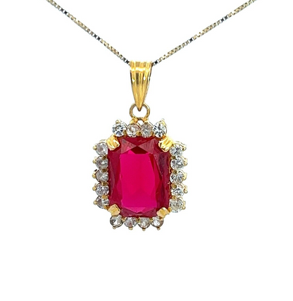 9Ct Yellow Gold Red Gemstone & CZ Pendant