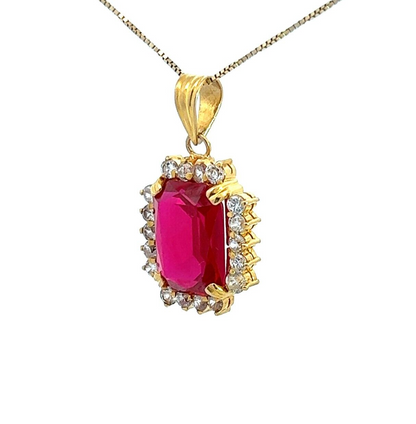 9Ct Yellow Gold Red Gemstone & CZ Pendant