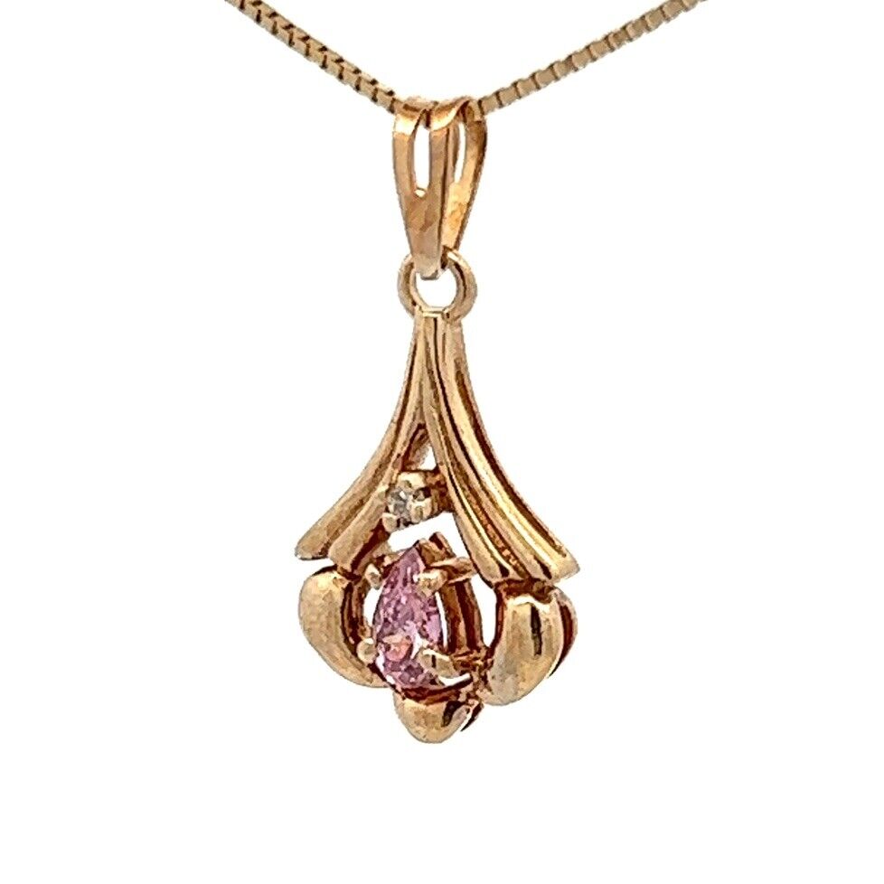 9Ct Yellow Gold Diamond Accent and Pink Gemstone Pendant