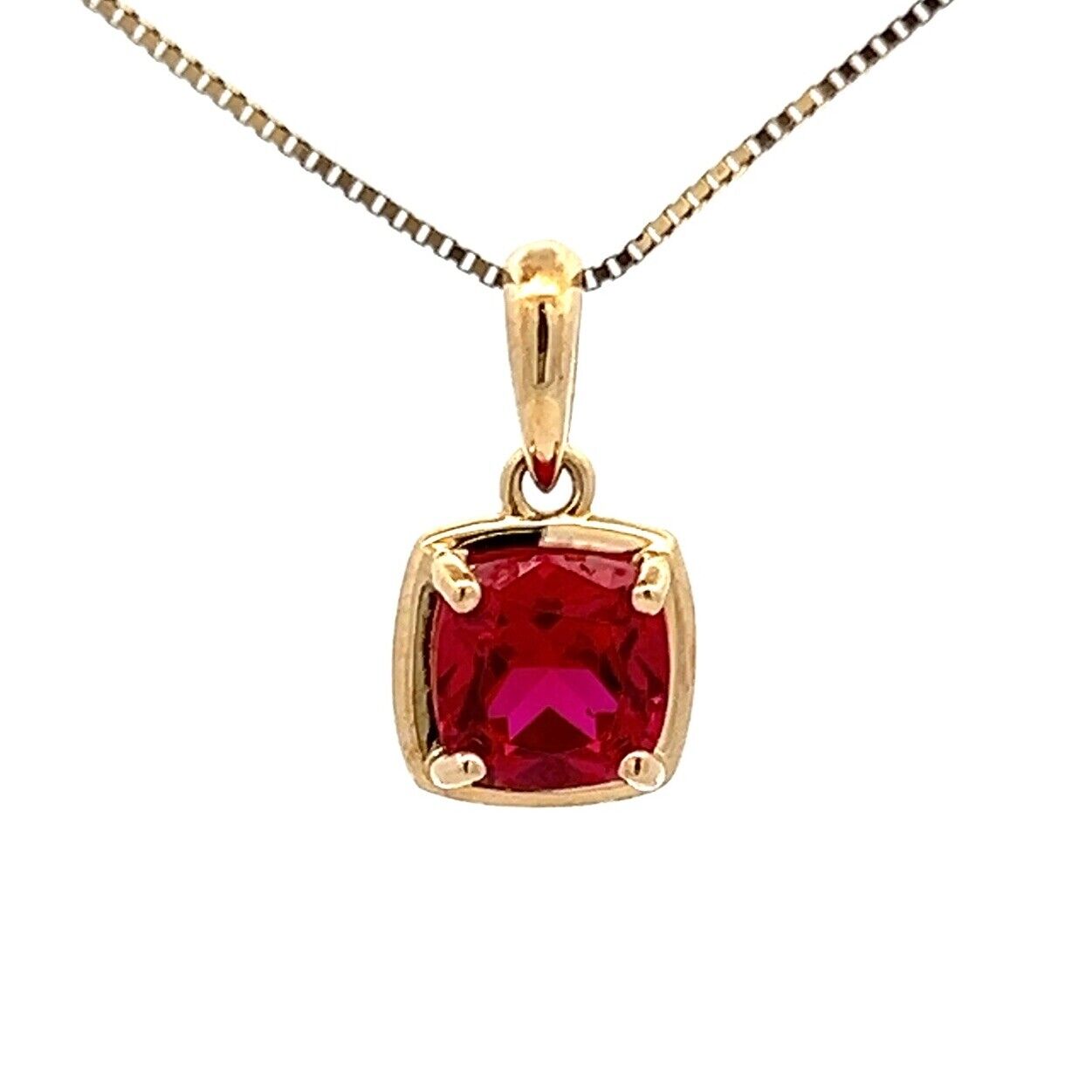 9Ct Yellow Gold Cushion Cut Created Ruby Charm Pendant