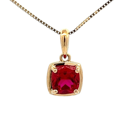 9Ct Yellow Gold Cushion Cut Created Ruby Charm Pendant