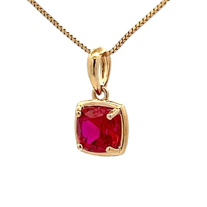 9Ct Yellow Gold Cushion Cut Created Ruby Charm Pendant