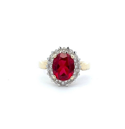 9Ct Yellow Gold Red Gemstone and Diamond Ring