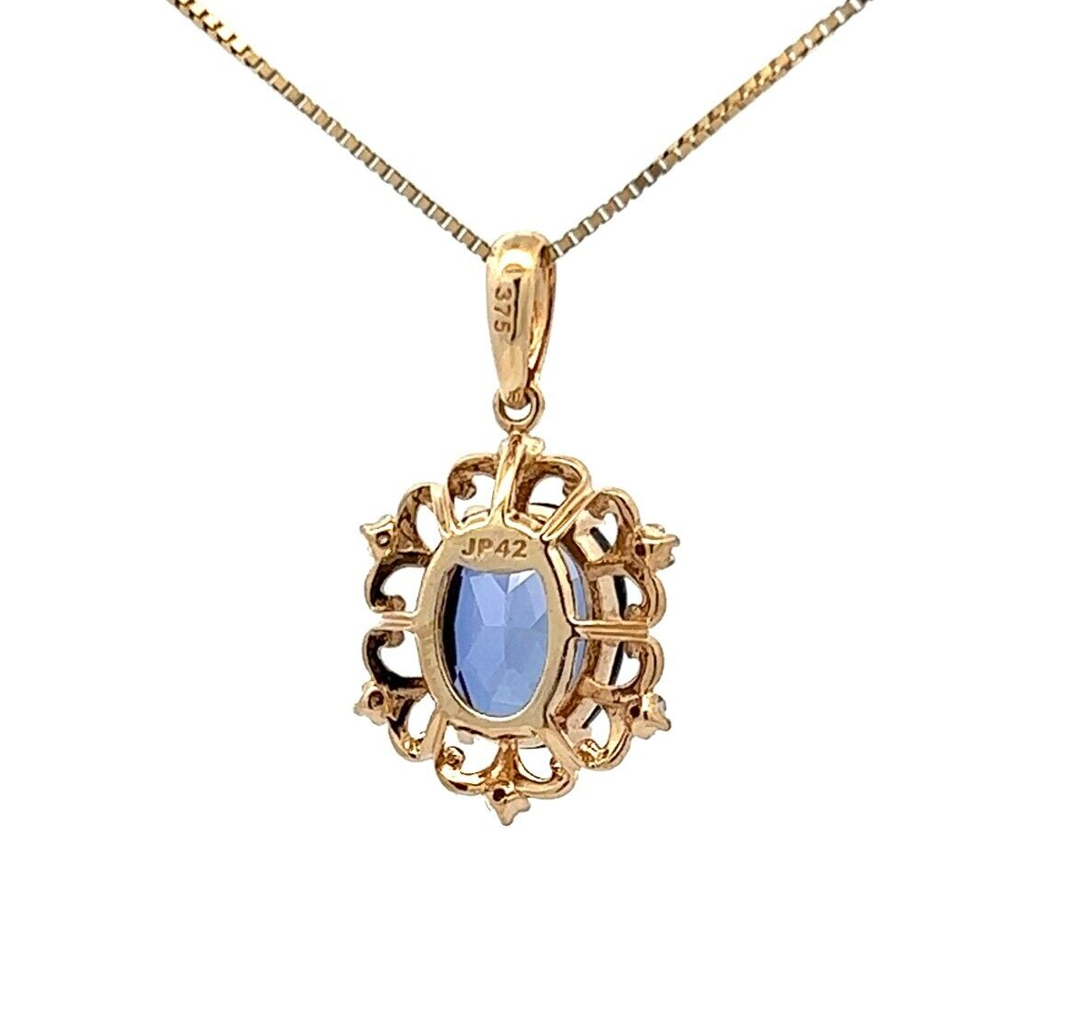 9Ct Yellow Gold Created Ceylon Sapphire and Diamond Pendant