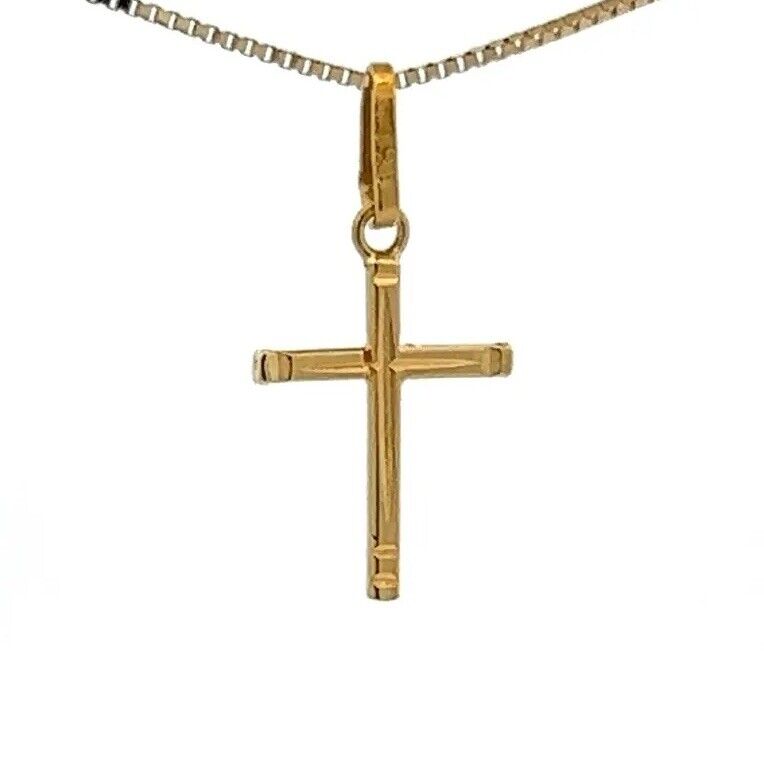 18Ct Yellow Gold Miniature Lined Detail Cross Charm Pendant