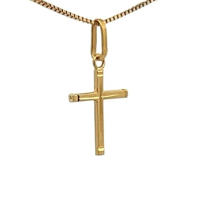 18Ct Yellow Gold Miniature Lined Detail Cross Charm Pendant