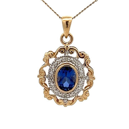 9Ct Yellow Gold Created Sapphire & Diamond Accent Charm Pendant