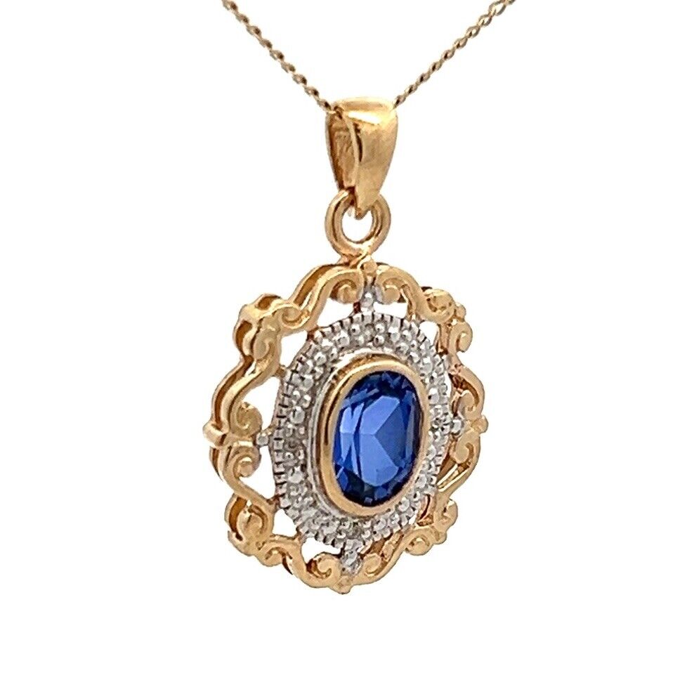 9Ct Yellow Gold Created Sapphire & Diamond Accent Charm Pendant