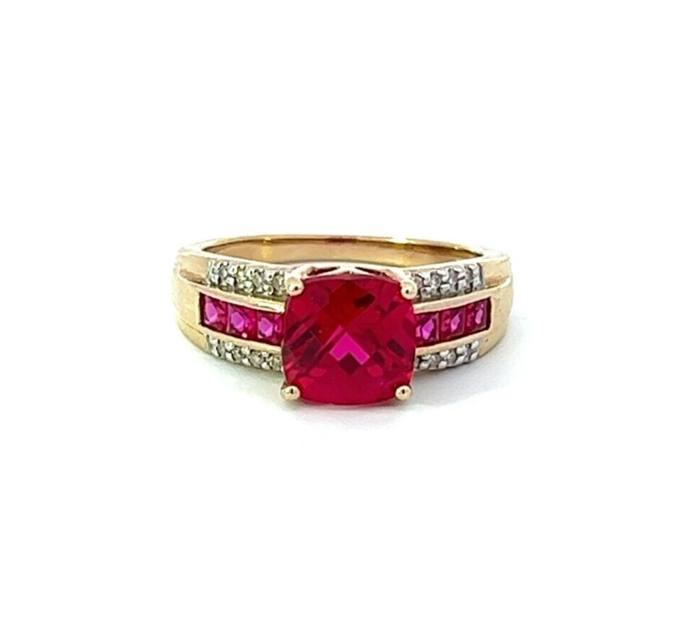 9Ct Yellow Gold Created Ruby and Diamond Ring