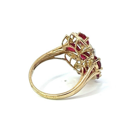 9Ct Yellow Gold Created Ruby and Diamond Cluster Ring