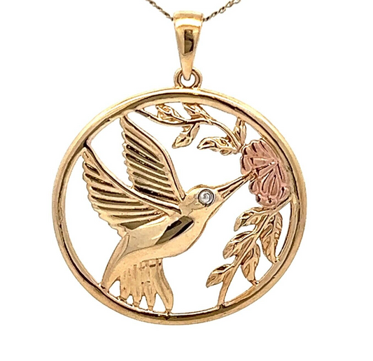 9Ct Two-Toned Gold Hummingbird With Flowers Charm Pendant