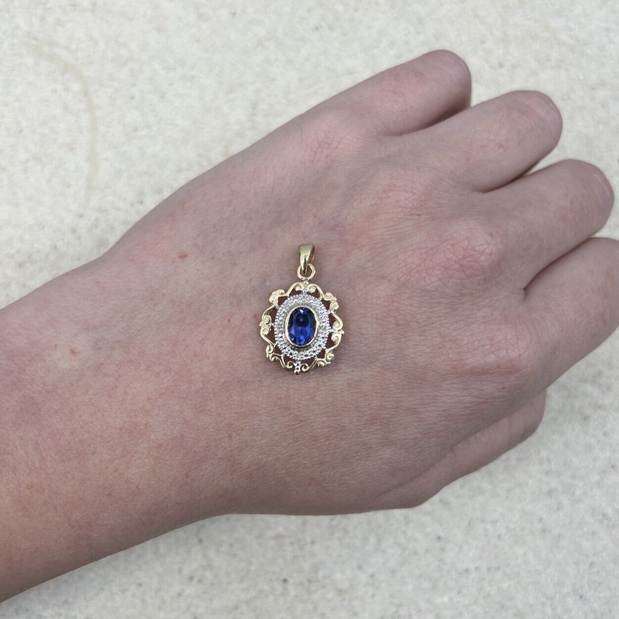 9Ct Yellow Gold Created Sapphire & Diamond Accent Charm Pendant