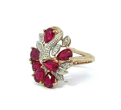 9Ct Yellow Gold Created Ruby and Diamond Cluster Ring