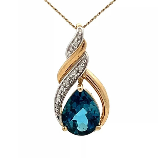 9Ct Yellow Gold London Blue Topaz & Diamond Accent Charm Pendant