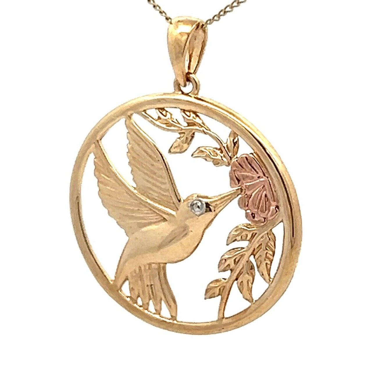 9Ct Two-Toned Gold Hummingbird With Flowers Charm Pendant