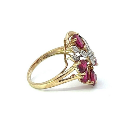 9Ct Yellow Gold Created Ruby and Diamond Cluster Ring