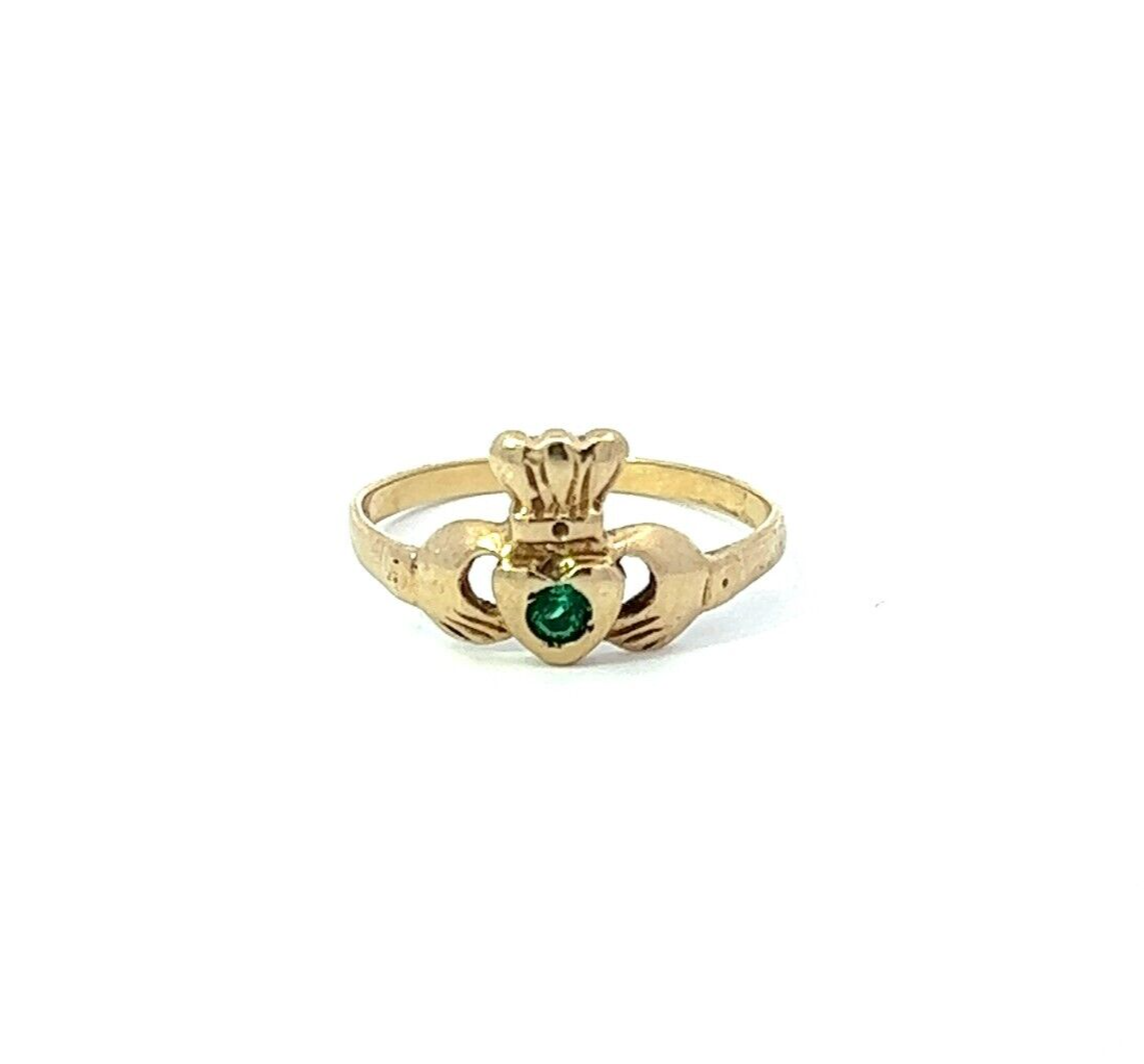 9Ct Yellow Gold Green Gemstone Claddagh Ring