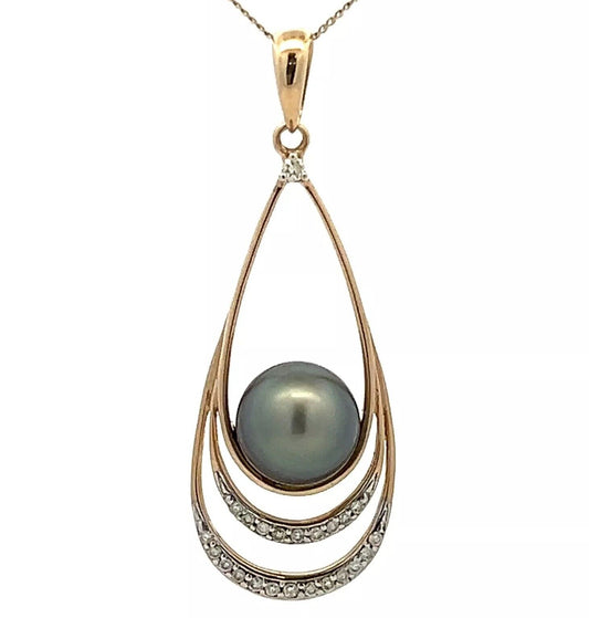 9Ct Yellow Gold Tahitian Pearl and Diamond Charm Pendant