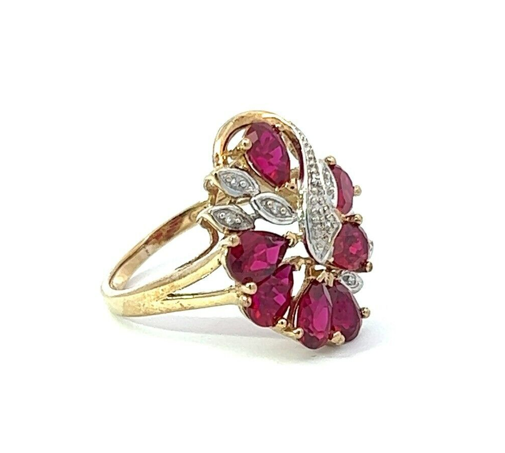 9Ct Yellow Gold Created Ruby and Diamond Cluster Ring