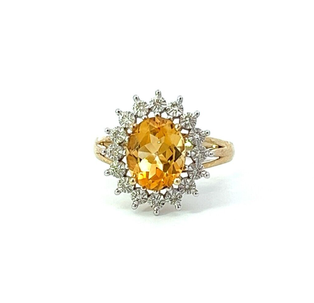 9Ct Yellow Gold Citrine & Diamond Dress Ring