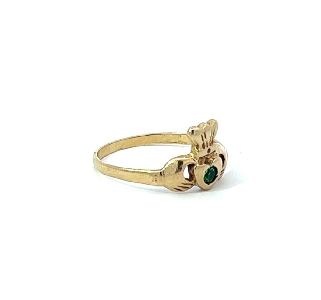 9Ct Yellow Gold Green Gemstone Claddagh Ring