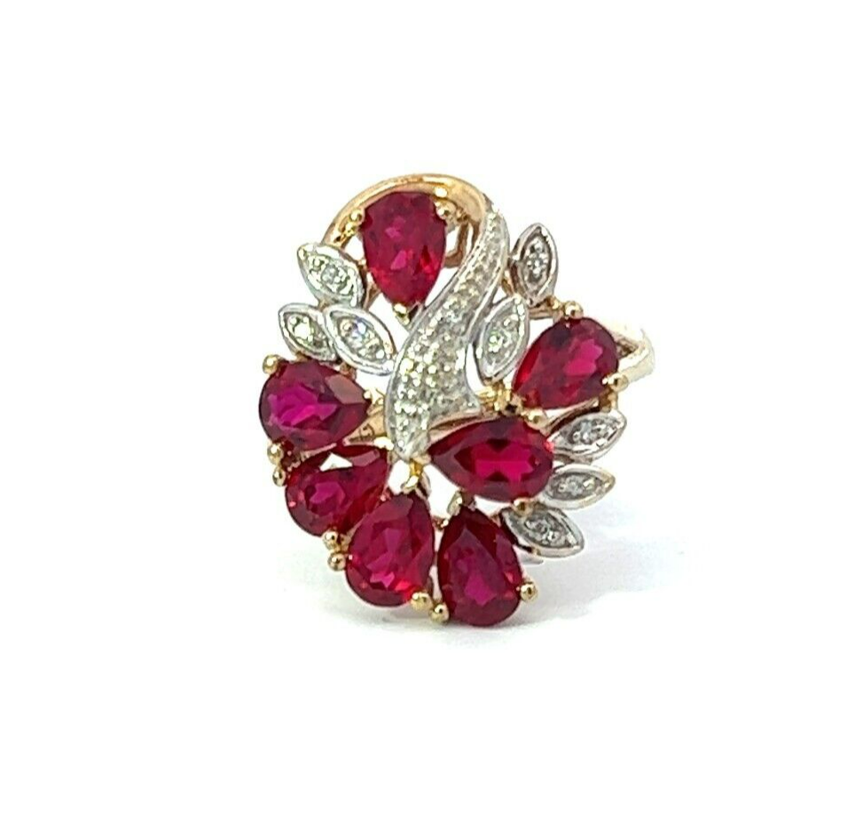 9Ct Yellow Gold Created Ruby and Diamond Cluster Ring