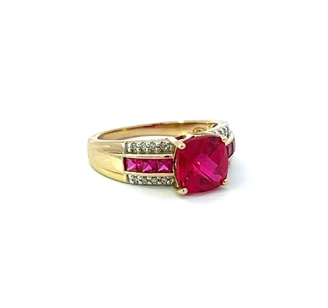 9Ct Yellow Gold Created Ruby and Diamond Ring