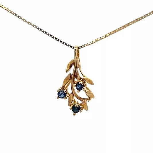 9Ct Yellow Gold Vintage Sapphire Floral Branch Charm Pendant