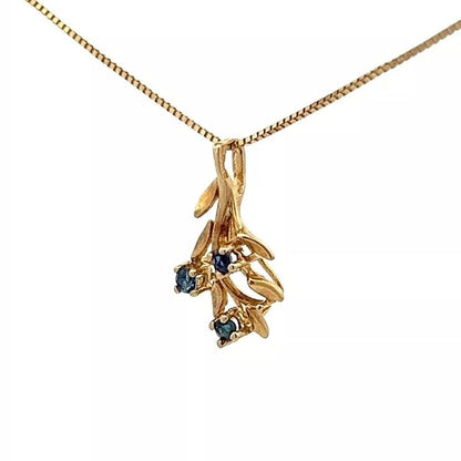 9Ct Yellow Gold Vintage Sapphire Floral Branch Charm Pendant