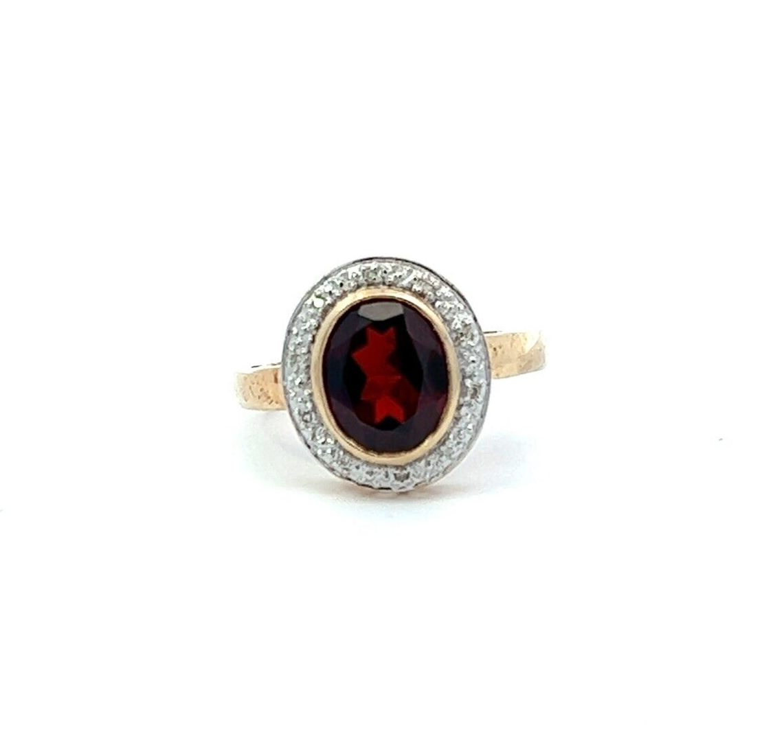 9Ct Yellow Gold Red Gemstone & Diamond Ring