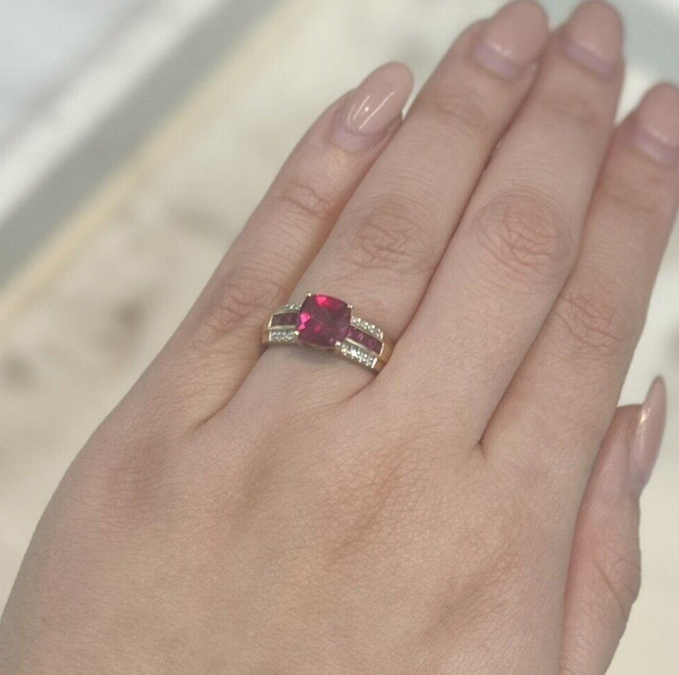 9Ct Yellow Gold Created Ruby and Diamond Ring