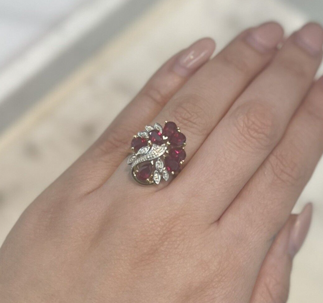 9Ct Yellow Gold Created Ruby and Diamond Cluster Ring