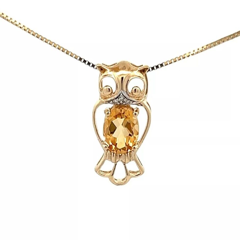 9Ct Yellow Gold Citrine & Diamond Accent Open Owl Charm Pendant