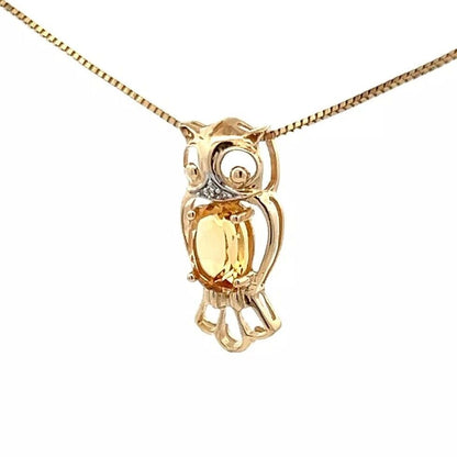 9Ct Yellow Gold Citrine & Diamond Accent Open Owl Charm Pendant