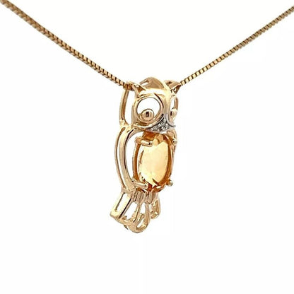 9Ct Yellow Gold Citrine & Diamond Accent Open Owl Charm Pendant