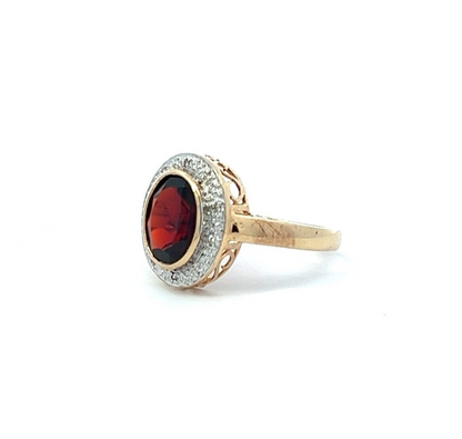 9Ct Yellow Gold Red Gemstone & Diamond Ring