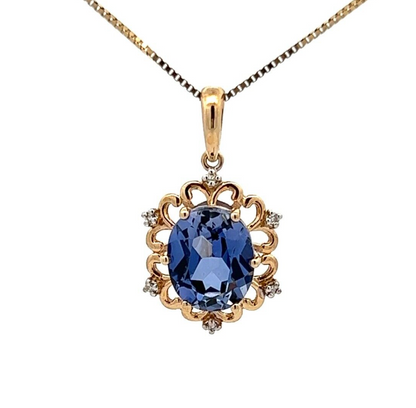 9Ct Yellow Gold Created Ceylon Sapphire and Diamond Pendant