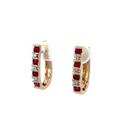 9Ct Yellow Gold Diamond & Red Gemstone Hoop Earrings