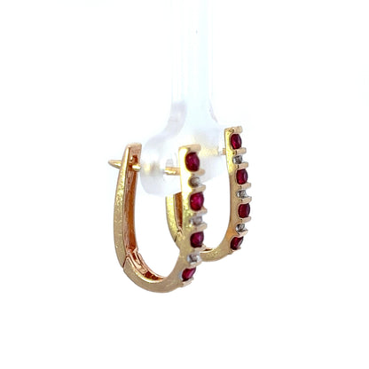 9Ct Yellow Gold Diamond & Red Gemstone Hoop Earrings