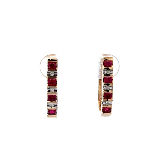 9Ct Yellow Gold Diamond & Red Gemstone Hoop Earrings