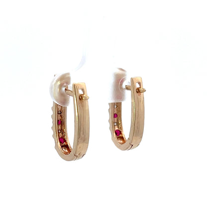 9Ct Yellow Gold Diamond & Red Gemstone Hoop Earrings